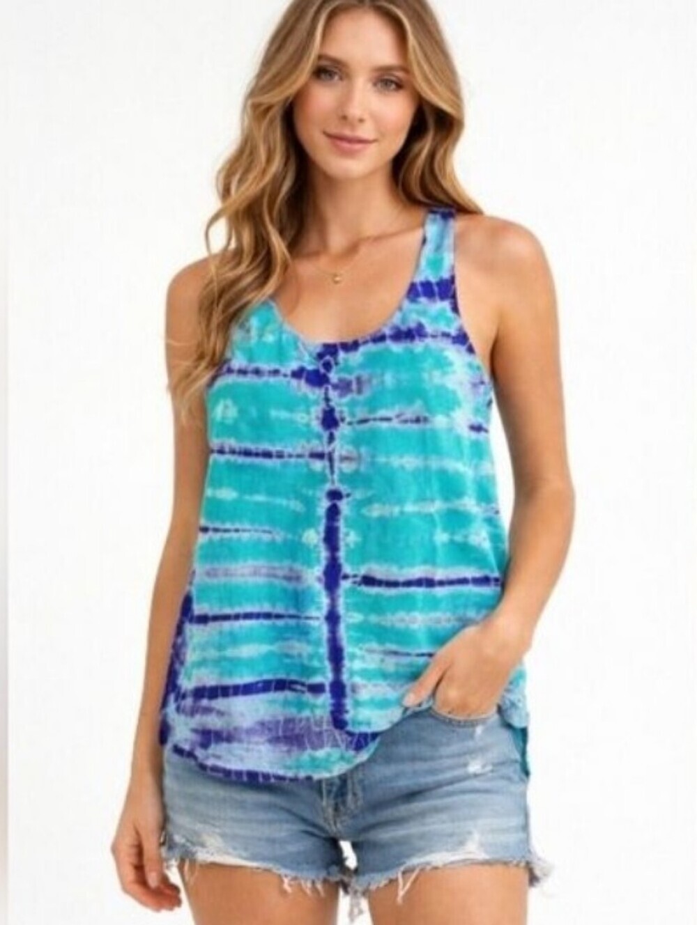 Gypsy 05 100% Silk Blue Green Tie Dye Racerback Tank Top